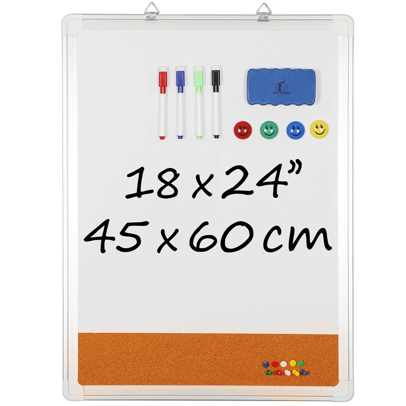 Navy Penguin White Board Cork Board Combo - 18x24 in Dry Erase Board with Cork and 1 Magnetic Eraser, 4 Dry Wipe Markers, 4 Magnets and 10 Pins - Wall Hanging Whiteboard with Corkboard for Home and Office - Image 1